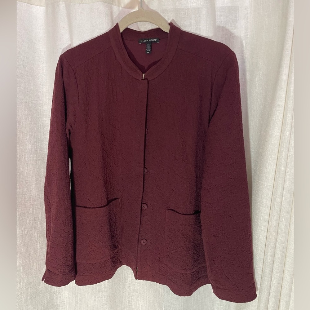 Eileen Fisher Cassis Burgundy Mandarin Collar Blazer 100% Cotton Size‎ Small EUC